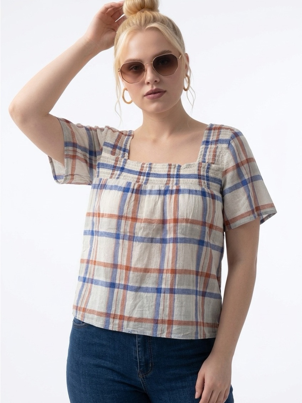 Alexander Jordan Womens Small Brown/Blue Short Sleeve Smocked Neck Blouse $49